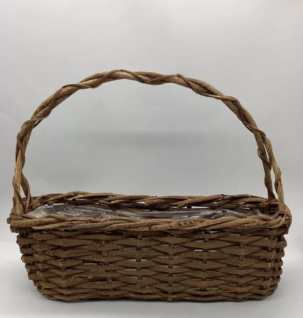 Vintage Primative Wooden Hand Woven Lined 16” Wicker Basket 3