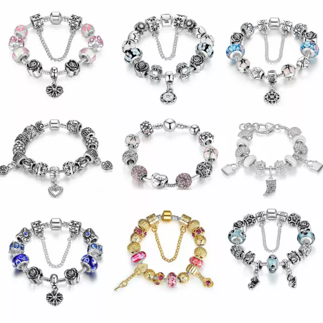 Silver Plated Alloy Bracelets With Heart CZ Charms Glass Beads Women Girls Diy