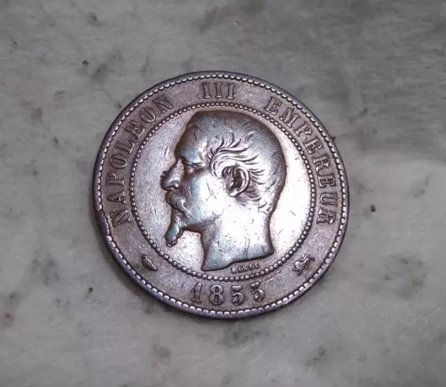 France 1855 Dix Centimes Napoleon III Empereur Mintmark D Coin