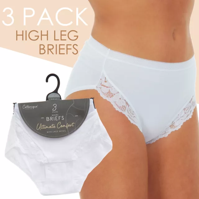 5 PACK LADIES High Leg Lace Stretch Cotton Knickers Briefs Panties