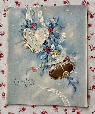 Vintage 1940s Patriotic UNUSED Christmas Silver Embossed Bells Greeting Card