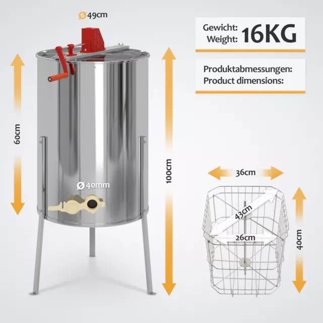 Jago® Extracteur de Miel Manuel Centrifugeuse 4 Cadres Acier Inox Apiculture 2