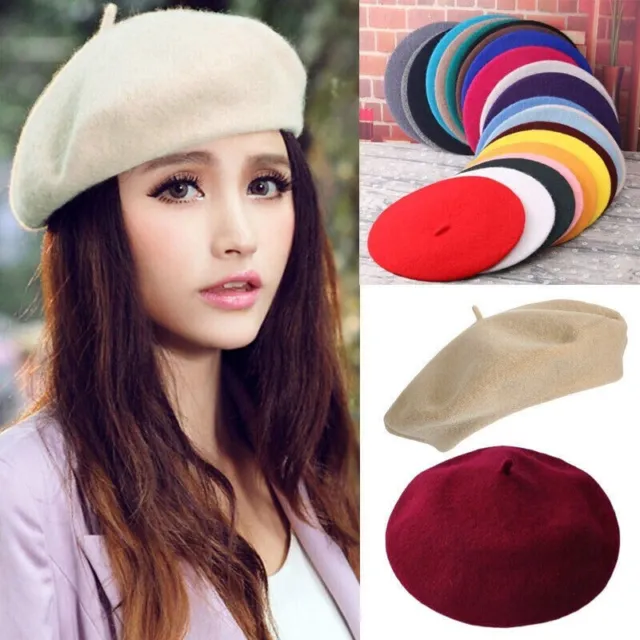 New Ladies Plain Classic Beret Hat Wool Fashion Hats French Cute 19 Colours !