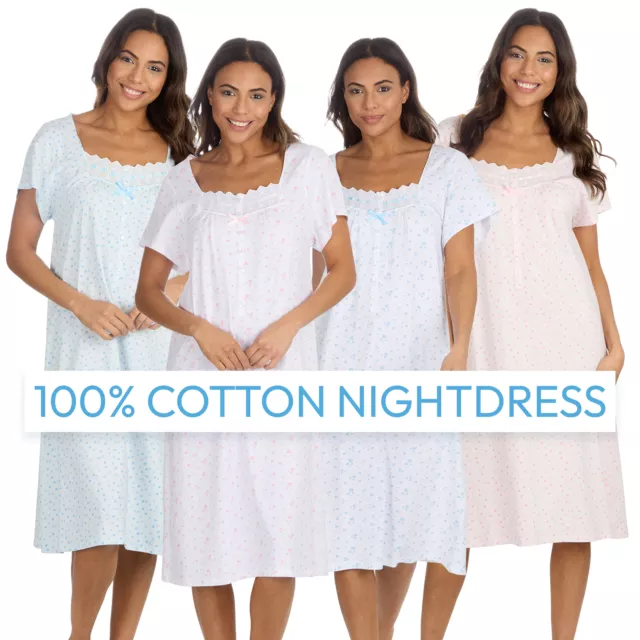 Ladies Nightdress 100% Cotton Nightie PJs Nightshirt Tee 10 12 14 16 18 20 22 24