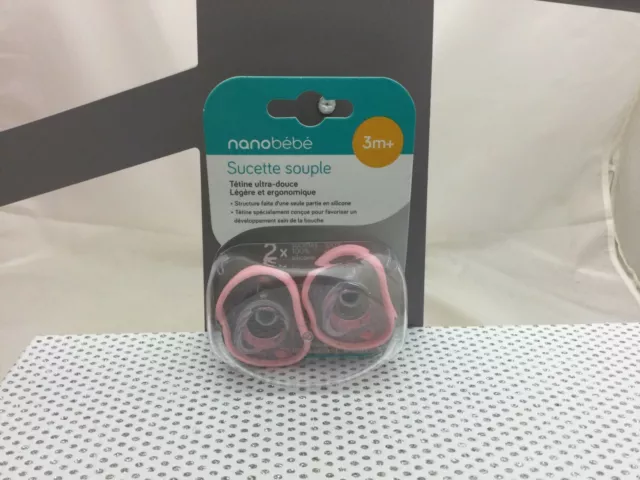 Nanobébé 2 sucettes souple silicone rose sans BPA bébé 0-3 ou 3+