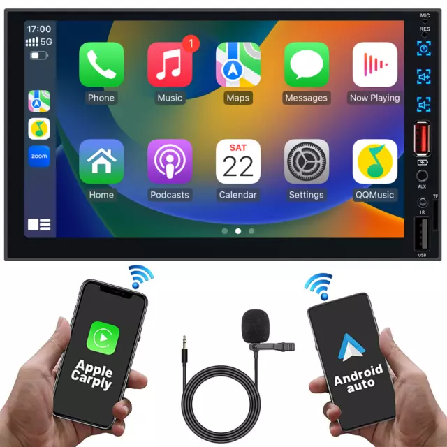 Double 2Din 7" Car Stereo Radio Wireless CarPlay&Android Auto AM MP5 Player+Mic