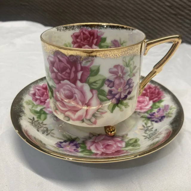 VTG LM Royal Halsey Very Fine Tea Cup And Saucer with Roses Pink Purple