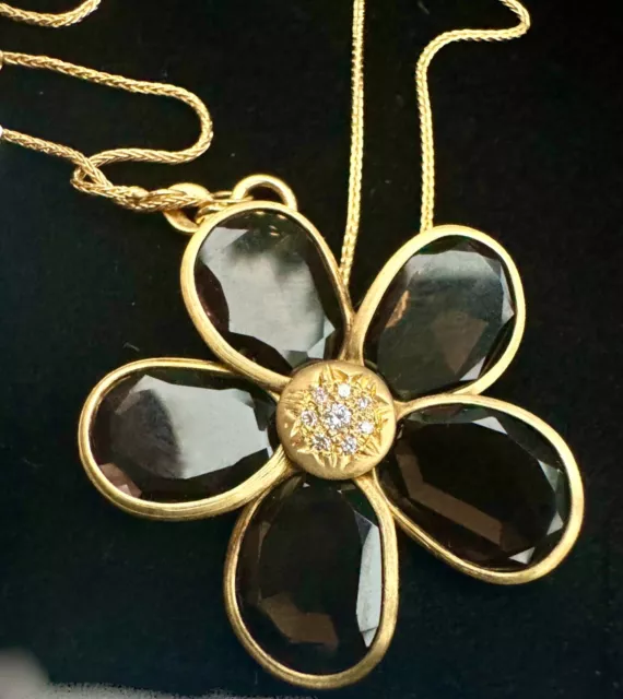 Halskette 585 Gold 14 Karat Gelbgold Anhänger Diamanten Rauchtopas Blüme 42 cm 2