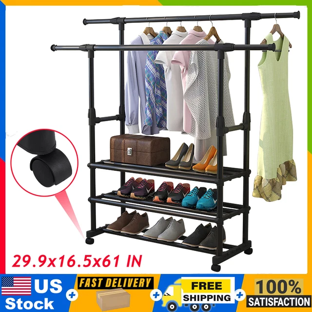 Heavy Duty Commercial Garment Rack Double Bar Rolling Collapsible Clothing Shelf