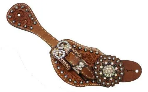 Showman Ladies Tooled Leather Spur Straps w/ Vintage Style Buckle & Rhinestone