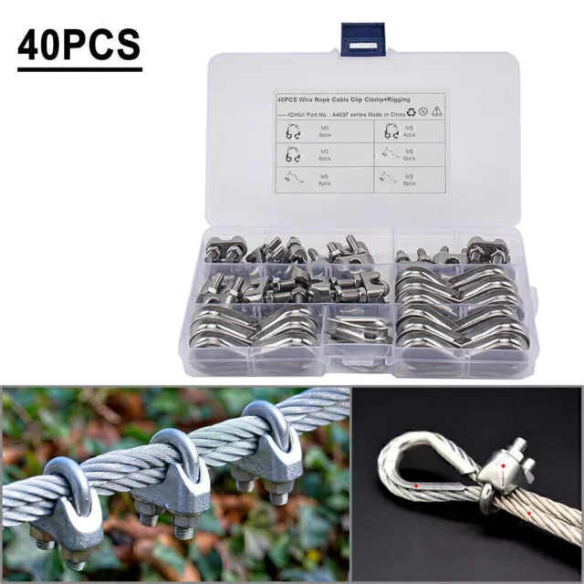 40 PCS M5 Wire Rope Fixed Clamps with Triangular Ring Stainless Steel New