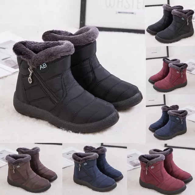 WOMENS WATERPROOF FUR Lined Snow Ankle Boots Ladies Warm Winter Flat ...