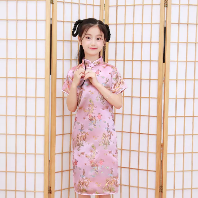 Chinese Asian Pink Childrens Girls Gold Dragons Satin Qipao Cheongsam Dress