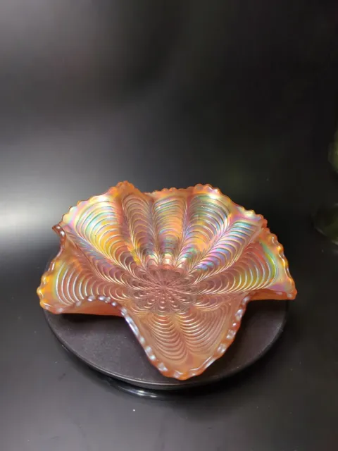 Art Nouveau Peacock Tail Marigold Luster Carnival Glass Bonbon Bowl Ruffled Edge