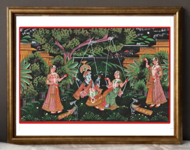 Krishna and Radha Miniature Phad Painting I Rajasthani Style Painting on Silk I