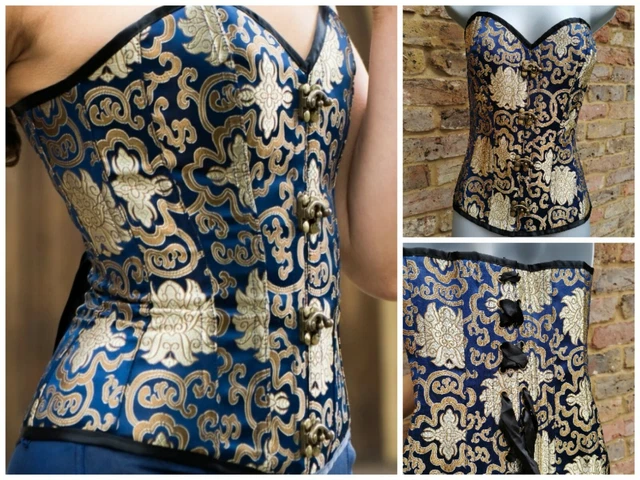 Corsetto Story blu oro broccato ganci overbust corsetto taglia 6 UK