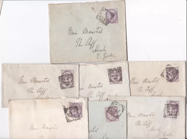 1888 x 7 LONDON SQUARED CIRCLE POSTMARKS ON 1d LILAC COVERS TO HESSLE E YORKS