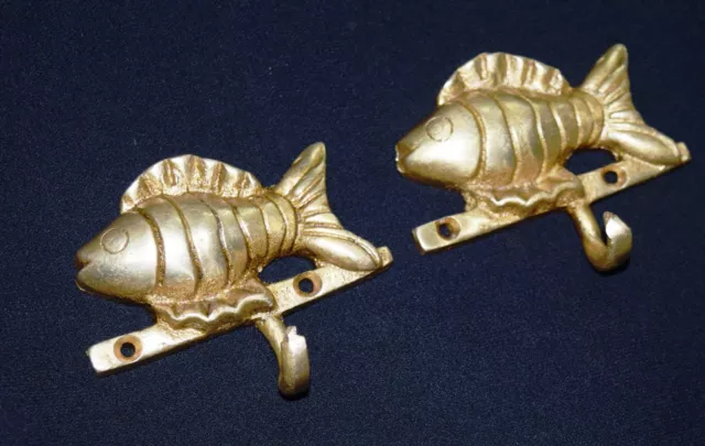 Fish Shape Hook Golden Brass Pair Of 2 Coat Tie Hook Hanger Wardrobe Decor BM324