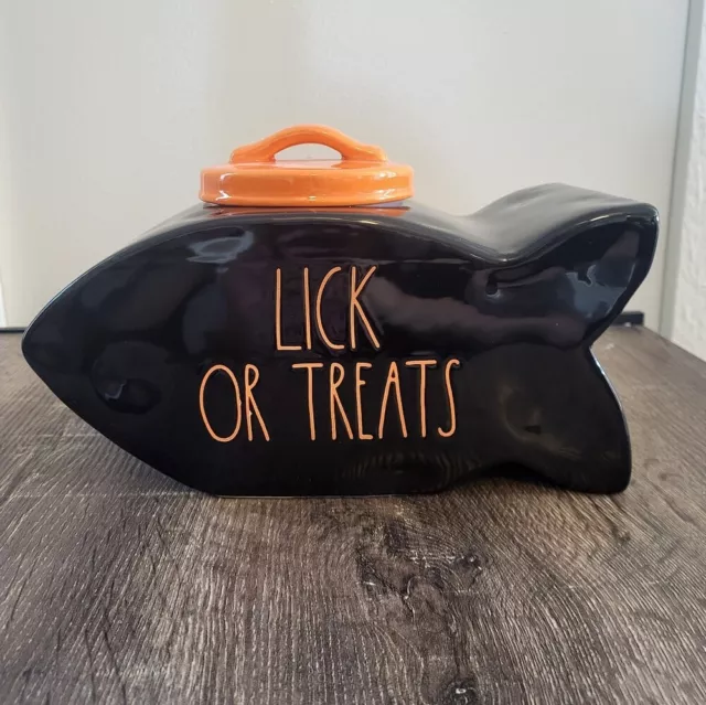 Rae Dunn Lick Or Treats Cat Treat Cannister Container Fish Shaped Fall Halloween
