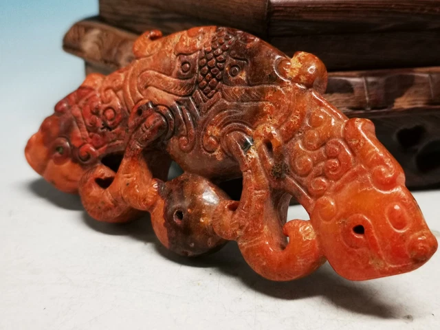 Exquisite Chinese Old Jade Hand Engraving Hollow Out Double Beasts Pendant Da8
