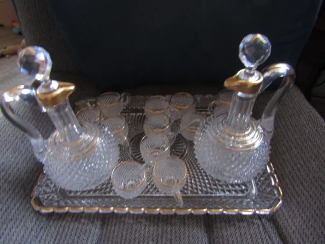 French Baccarat 12oz Decanter PAIR, 12 Cordial Cup, Tray and Stir Stick