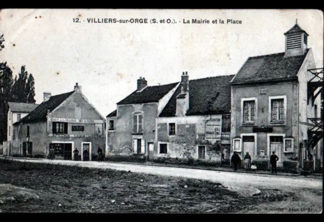 VILLIERS-sur-ORGE (91) GROCERY-CAFE DE LA MAIRIE & TOWN HALL animated in 1914