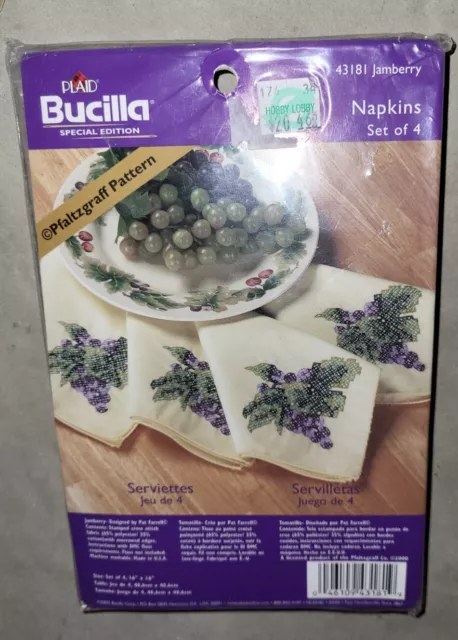 Bucilla Stamped Cross Stitch #43181 Jamberry Grapes-Set of 4 Napkins