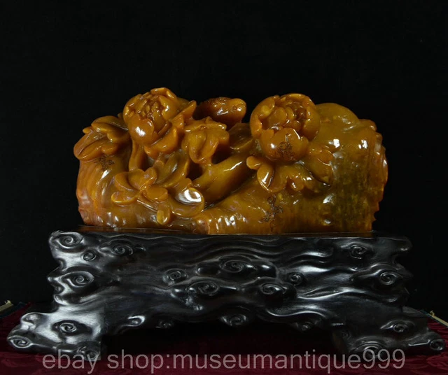 10.8" Chinese Natural Tianhuang Shoushan stone Carving Flower “花开富贵” Statue