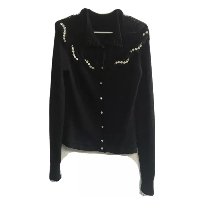 Blumarine Women Black Rib Knit Beaded Cardigan Sweater Cashmere Blend Italy S
