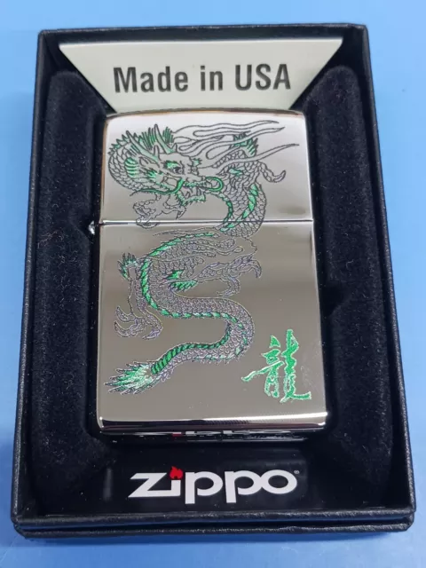 Zippo Green Dragon/Letter  High Polished Chrome 250-26030