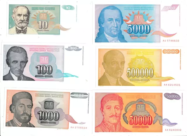 Yugoslavia  Six  Notes  Au/Unc  To  Unc