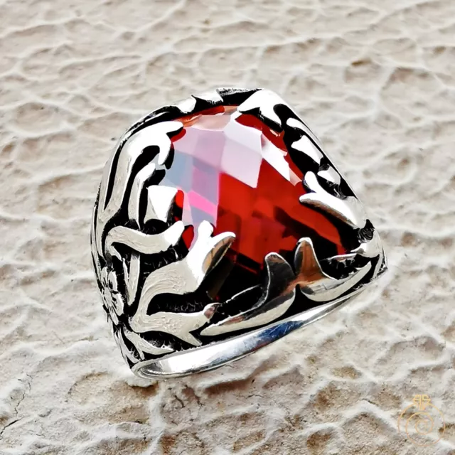 Men Ruby Statement Ring Red Stone Eternity Silver Band Claw Jewelry Gift For 925