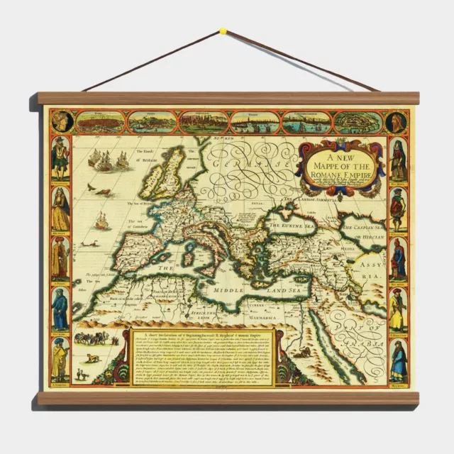 Ancient Vintage Old 1626 Early Antique Map Of Roman Empire; Canvas Wooden Hanger