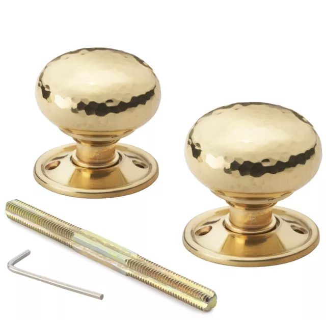 Large Polished Solid Brass Hammered Cottage Door Knob Knobs Pair Rim Mortice Set