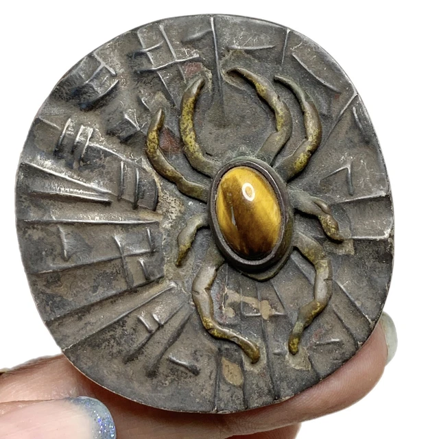 1970s Tufa Cast Spider and Web Brooch, Sterling with Tigers Eye, Over 29 Grams