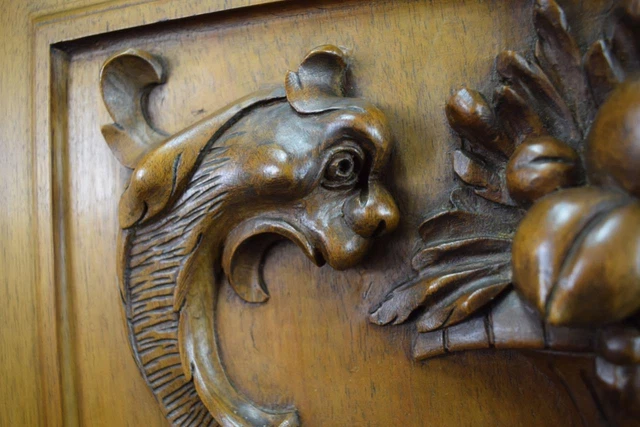 Antique French Hand Carved Solid Wood Door Griffin Chimera Fruit Basket Carving 7