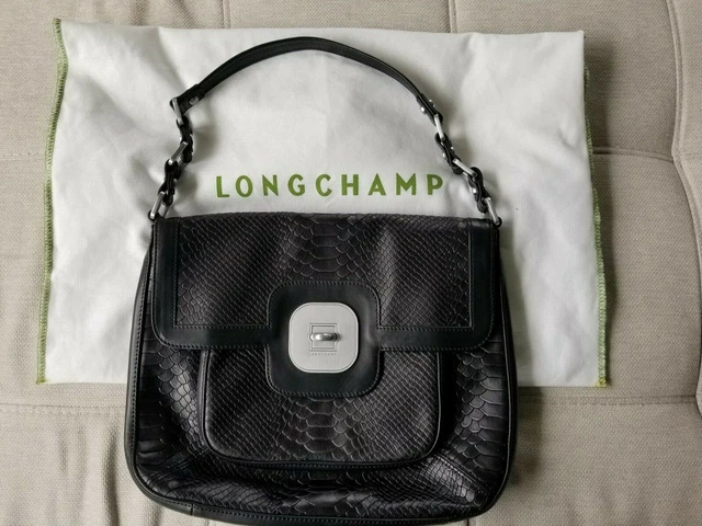 Longchamp Croc Embossed Black Leather Shoulder Bag