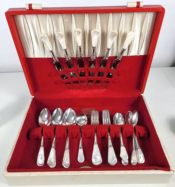 RARE VTG Sterling Silver/Stainless Mother of Pearl Flatware Set 25pcs /6 Setting