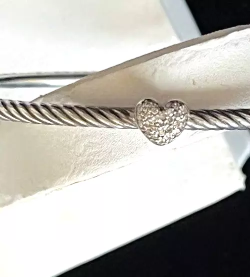 David Yurman Diamond Heart Cable Bangle Bracelet Sterling Silver 925  256J