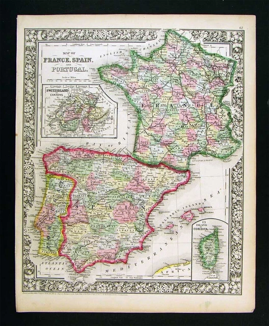 1865 Mitchell Map France Spain Portugal Corsica Lisbon Madrid Paris Europe