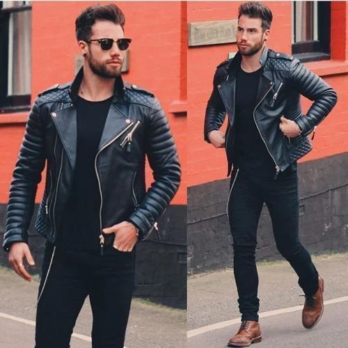 Mens Genuine Lambskin Black Quilted Real Leather Motorcycle Slimfit Biker Jacket