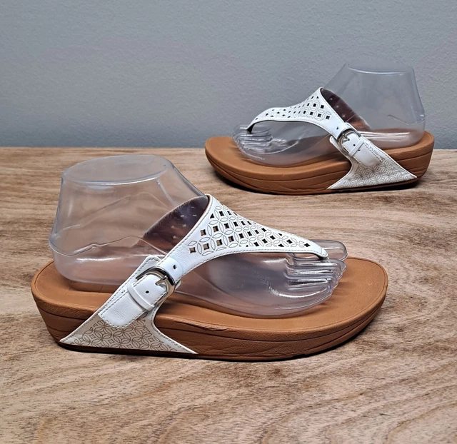 FitFlop The Skinny Size 8 White Leather Laser Cut Thong Sandals Buckle Slip On 2