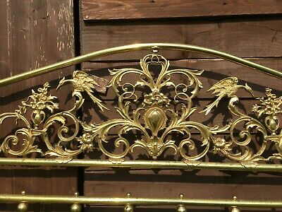 4'6" Baroque Style Gold Brass Bird Floral Scrolls Antique Look Double Headboard 2