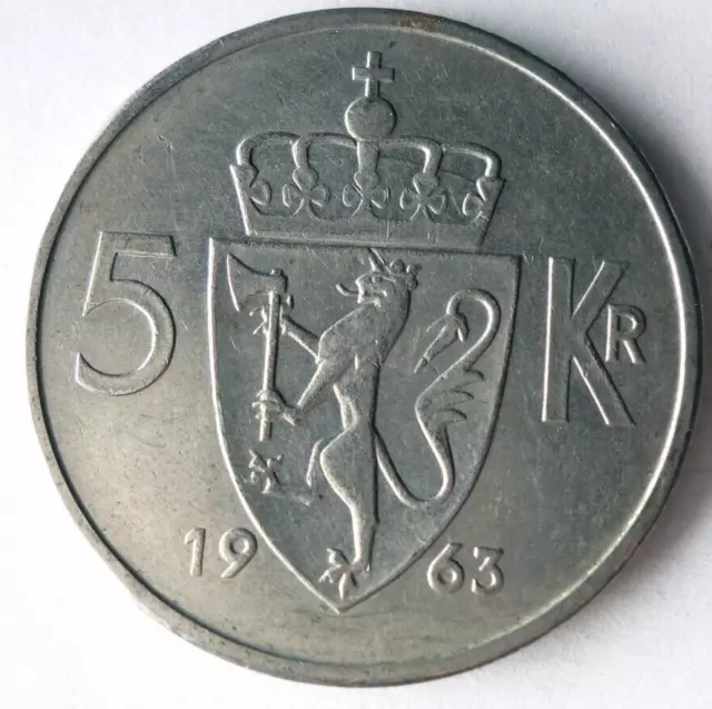 1963 NORWAY 5 KRONER - Excellent Coin - FREE SHIP - Bin #347