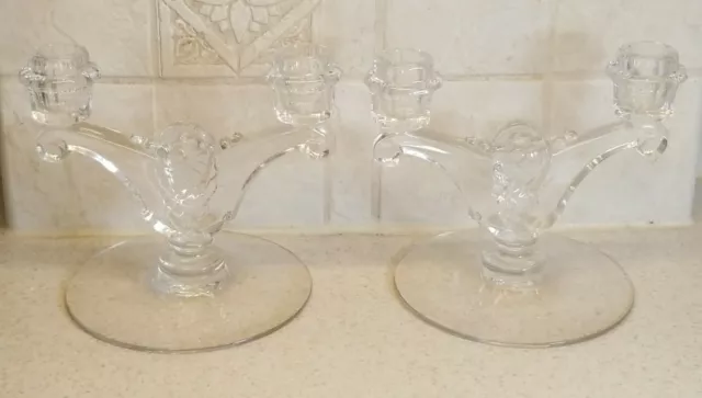 Vintage Heisey Glass Fern Pattern Elegant Pair 2 Light Candlesticks EXCELLENT!