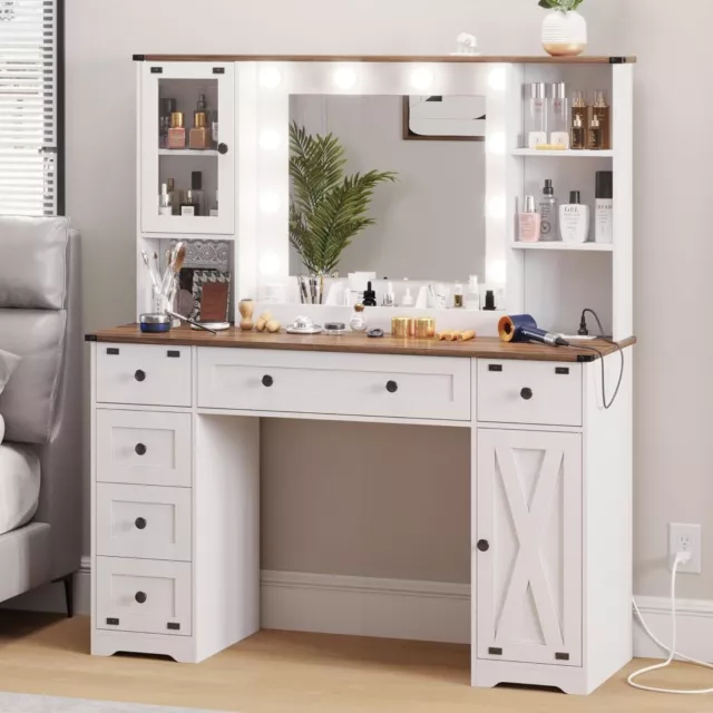 Farmhouse Makeup Vanity Desk with Mirror &Lights, Large Vanity Table w/6 Drawers