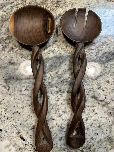 MCM Hand Carved Wooden Open Barley Twisted Handle,Acacia Wood  Salad Serving Set