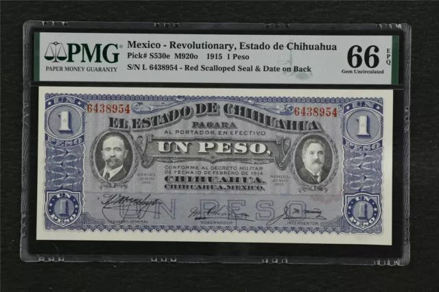 1915 Mexico Revolutionary 1 Peso Banknote--PMG Graded Gem Unc 66 EPQ- 21-974