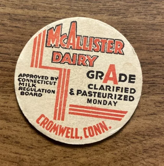 Vintage McAllister Dairy Milk Bottle Cap Top Cromwell Connecticut CT Old A8