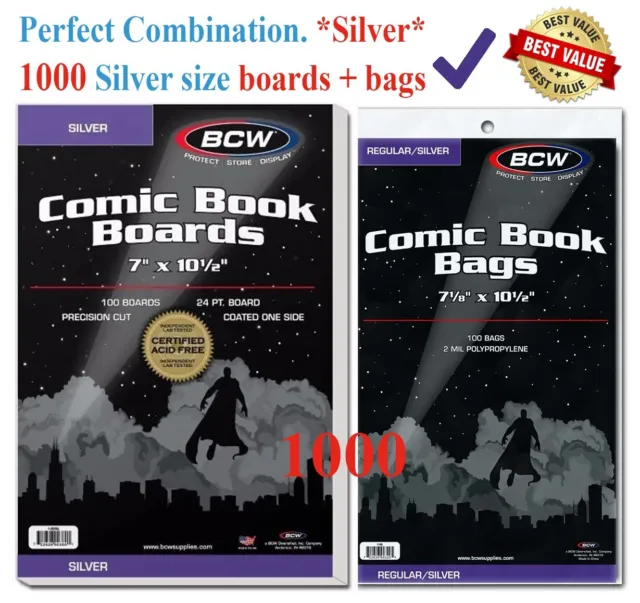 1000 BCW Silver Era Comic Book Bags Sleeves + Acid Free Back Boards 7 x 10 1/2"